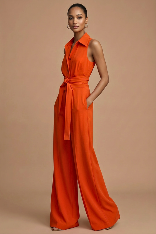 Women’s Sleeveless Wide Leg Jumpsuit with Collar Neck Button Front and Waist Tie 1
