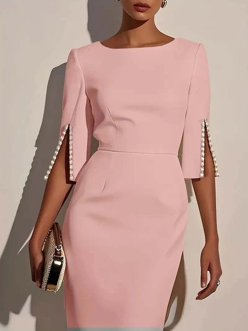 Women's Solid Color Elegant Round Neck Half Sleeve Beaded Decorated Slim Fit Midi Dress 4