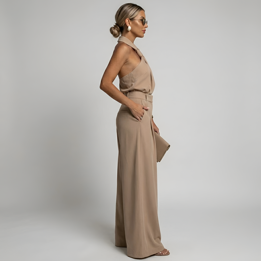 Women's Wide Leg Jumpsuit - Halter Neck - Collared Twist Front - Belted Waist - Dressy Jumpsuit 1