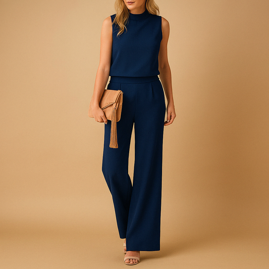 Women’s Wide Leg Jumpsuit – Round Neck Mid-Waist Fit for Elegant Styling 1