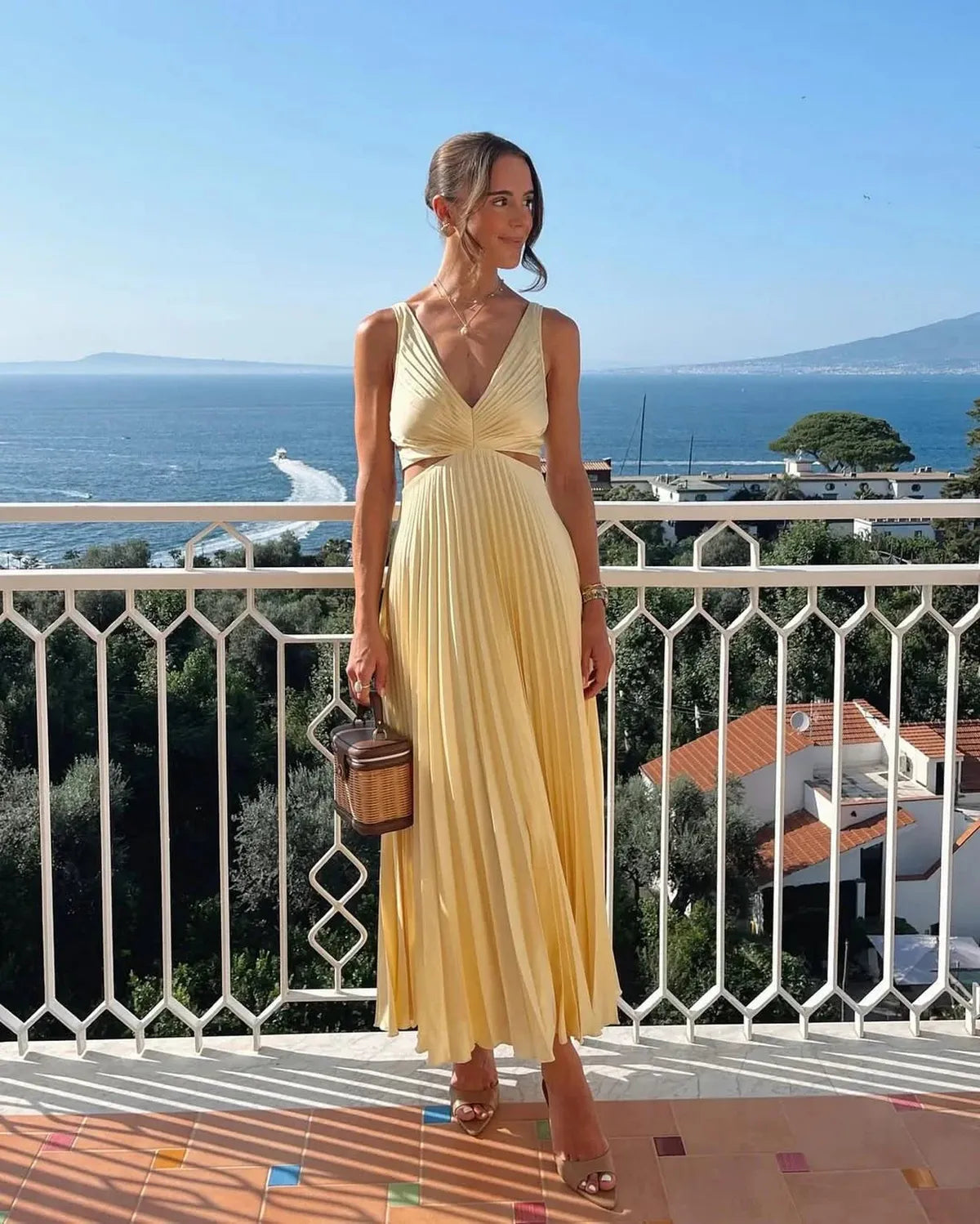 Yellow Pleated Maxi Dress With Long Silhouette