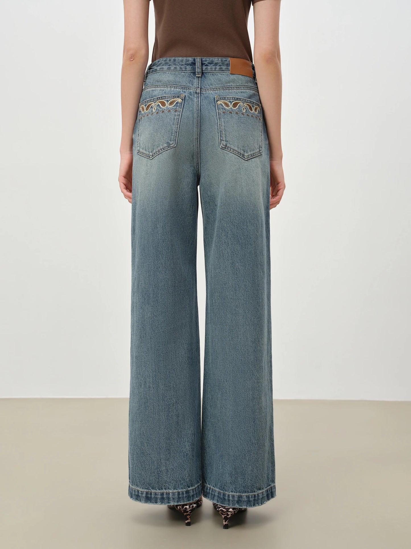 ZIQIAO Retro Waistnut Pattern Floor-Length Wide-Leg Pants for Petite Women Mid-High Waist Denim Blue New Spring 2026 Collection 4