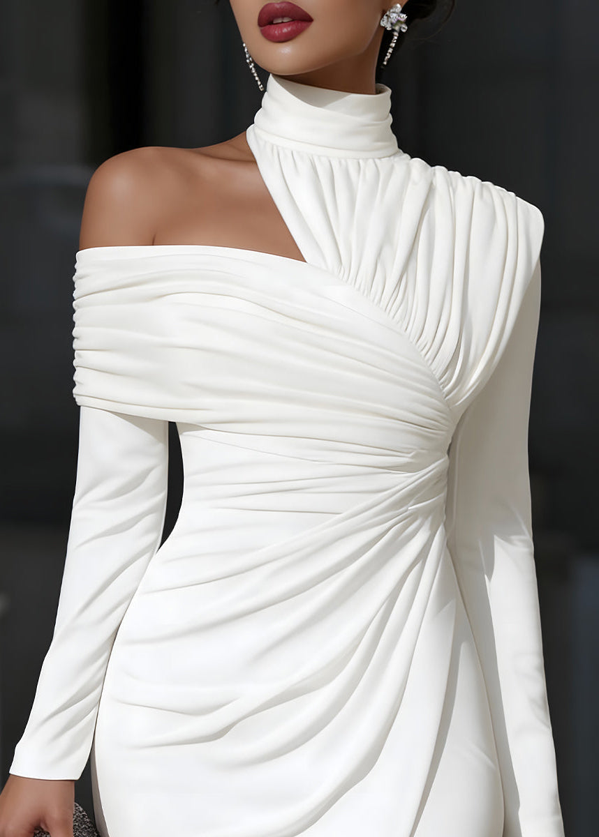 Asymmetric One Shoulder Bodycon Midi Dress - Long Sleeve Ruched Cocktail Dress