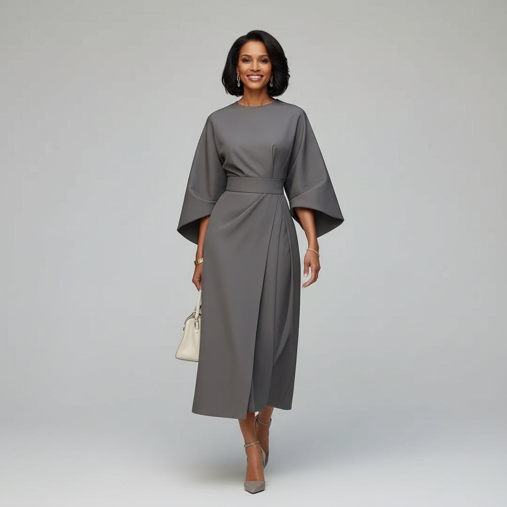 Belted Round Neck Wide Sleeve Midi Dress with Tie Waist