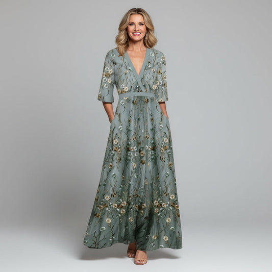 Boho Floral Embroidered Maxi Dress - V-Neck Short Sleeve Garden Party Dress