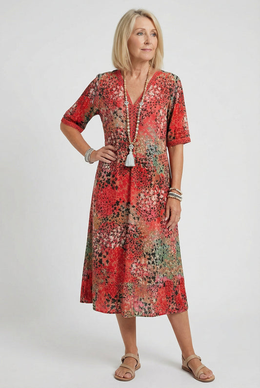 Boho V-Neck Print Midi Dress with Pockets for Women