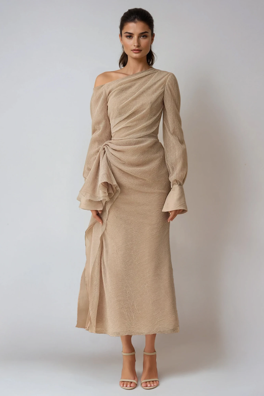 Draped Asymmetric Long Sleeve Formal Evening Maxi Dress for Women