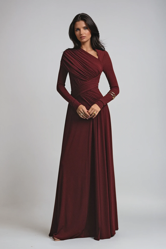 Long Sleeve Ruched Asymmetric Evening Gown Maxi Dress for Women