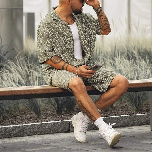 Men's All Over Chevron Pattern Green Short Sleeve Open Collar Button Down Shirt and Elasticated Drawstring Shorts Two Piece Casual Summer Set