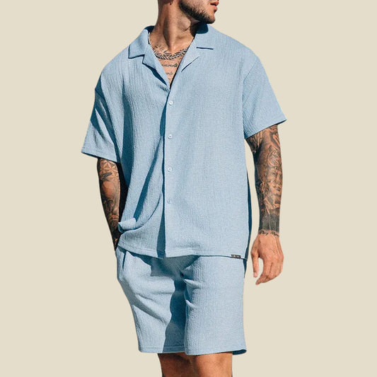 Men's Crinkle Woven Camp Collar Short Sleeve Button Up Shirt and Elasticated Waist Bottoms Two Piece Warm Weather Set