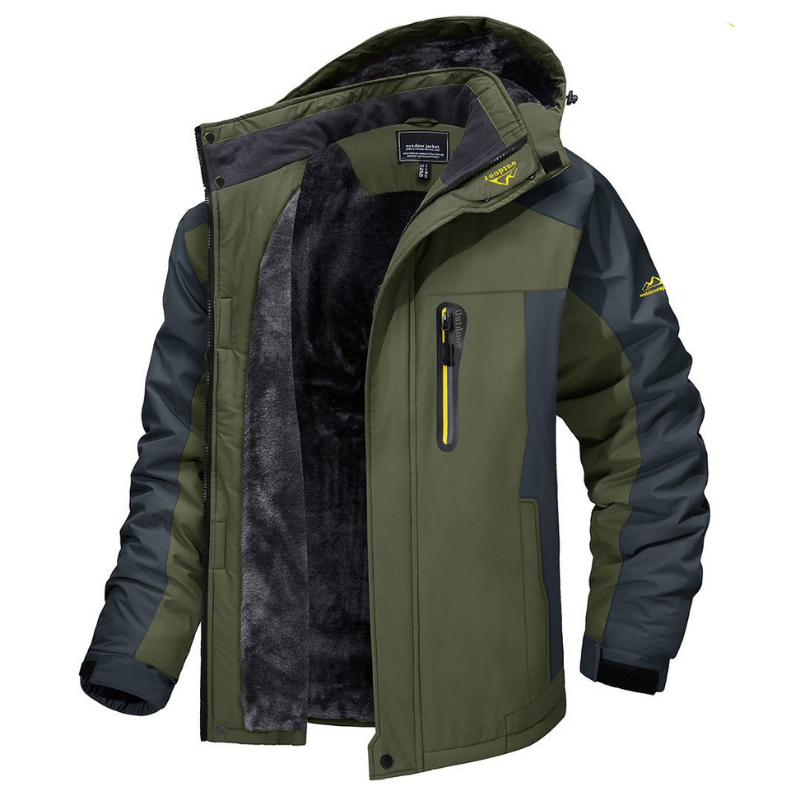 Men's Hooded Winter Jacket Insulated Plush Lined Olive Green Charcoal - Image 1