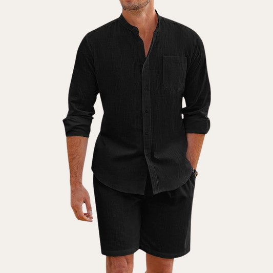 Men's Lightweight Mandarin Collar Long Sleeve Button Shirt and Elasticated Shorts Relaxed Fit Two Piece Set