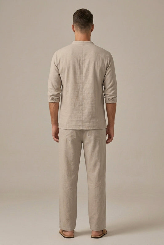 Men's Linen Blend Lace Up V Neckline Cord Tie Long Sleeve Shirt and Relaxed Wide Leg Elasticated Drawstring Trousers Two Piece Set