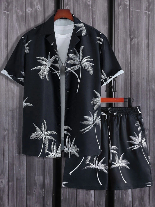 Men's Palm Leaf Print Open Collar Short Sleeve Button Shirt and Elasticated Drawstring Shorts Resort Two Piece Set