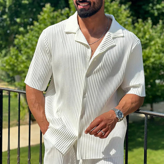 Men's Vertical Pleated Texture Camp Collar Short Sleeve Button Up Shirt and Relaxed Straight Leg Trousers Two Piece Coordinated Set