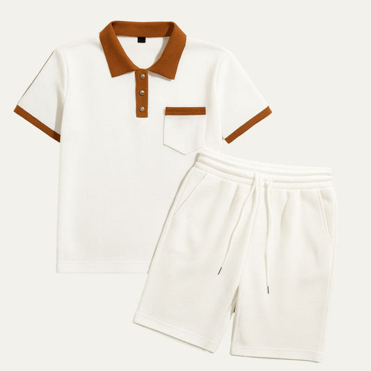 Men's Waffle Grid Texture Short Sleeve Contrast Trim Polo Shirt and Elasticated Drawstring Shorts Two Piece Casual Set