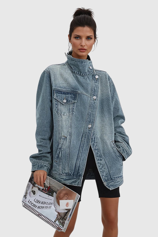 Oversized Asymmetric Stand Collar Boxy Denim Jacket for Women