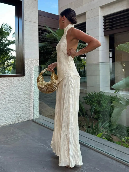Pleated Halter Top and Wide Leg Trousers Co-ord Set for Women