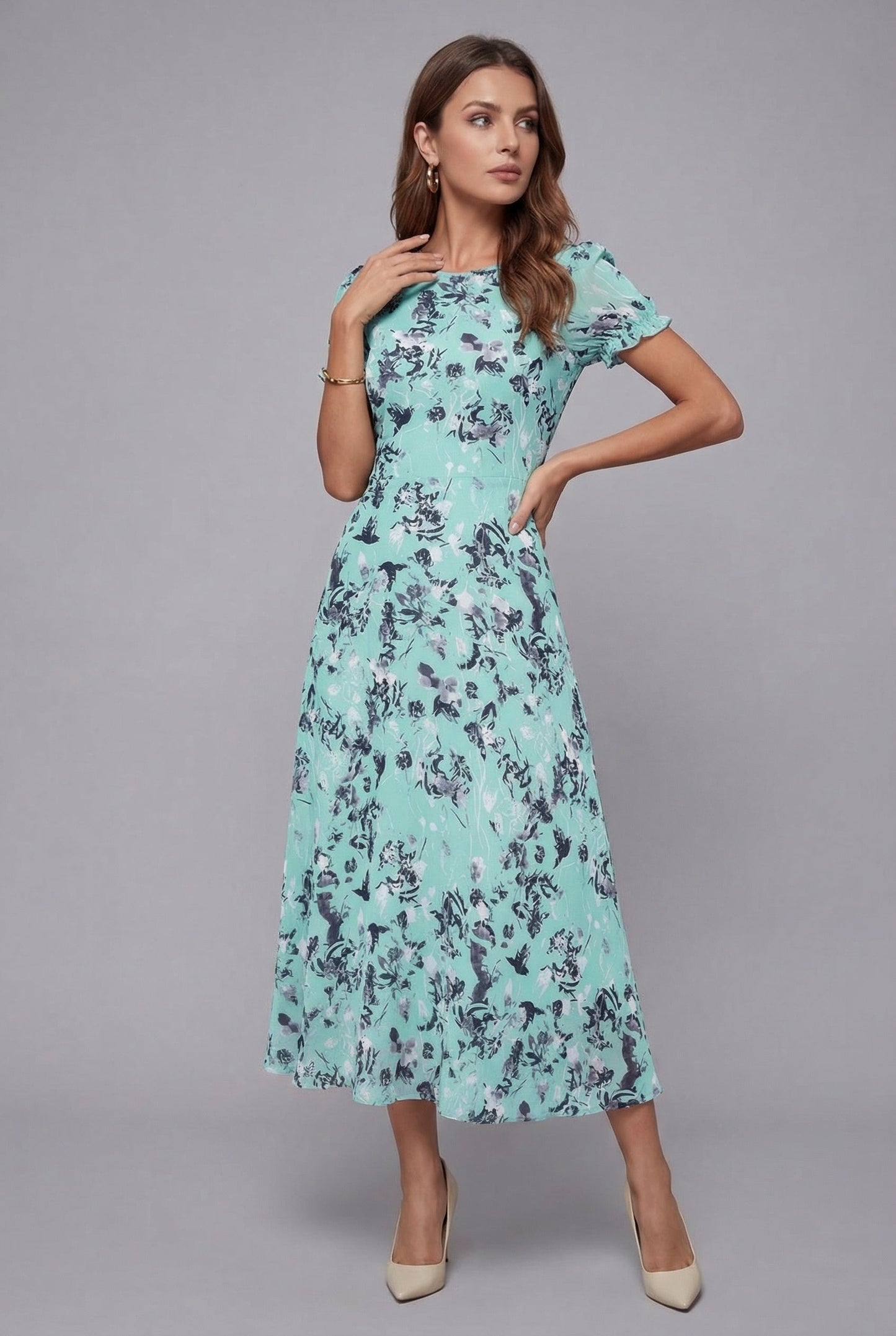 Short Sleeve Floral Crew Neck Chiffon Midi Summer Dress for Women