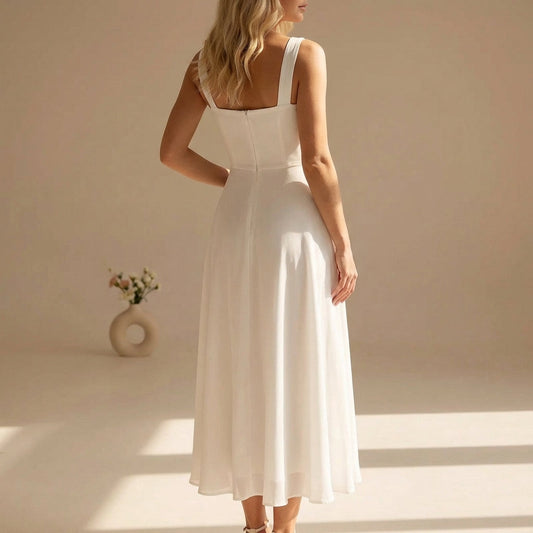 Sleeveless Square Neckline Chiffon Wide Strap Midi Summer Dress