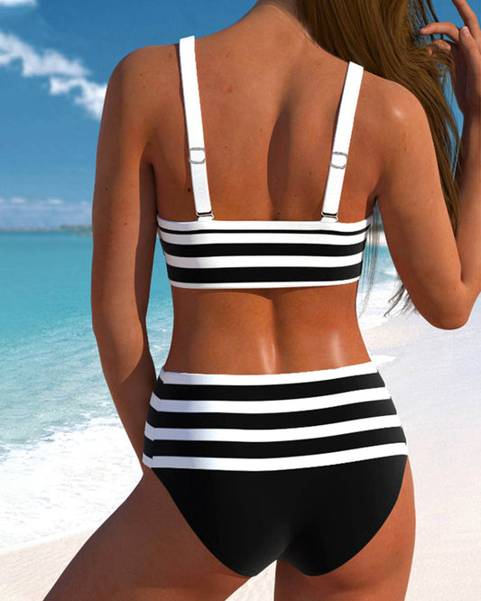 Striped High Waist Bikini Set with Halter Top