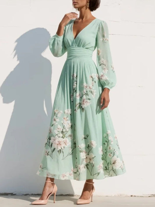 V-Neck Balloon Sleeve Floral Midi Dress for Women