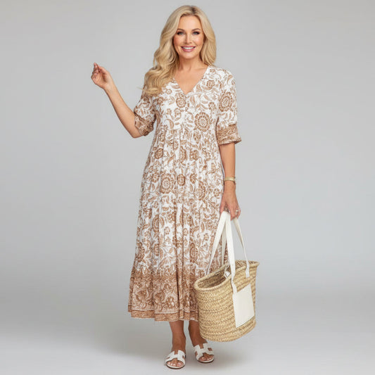 V-Neck Floral Print Tiered Midi Dress for Women