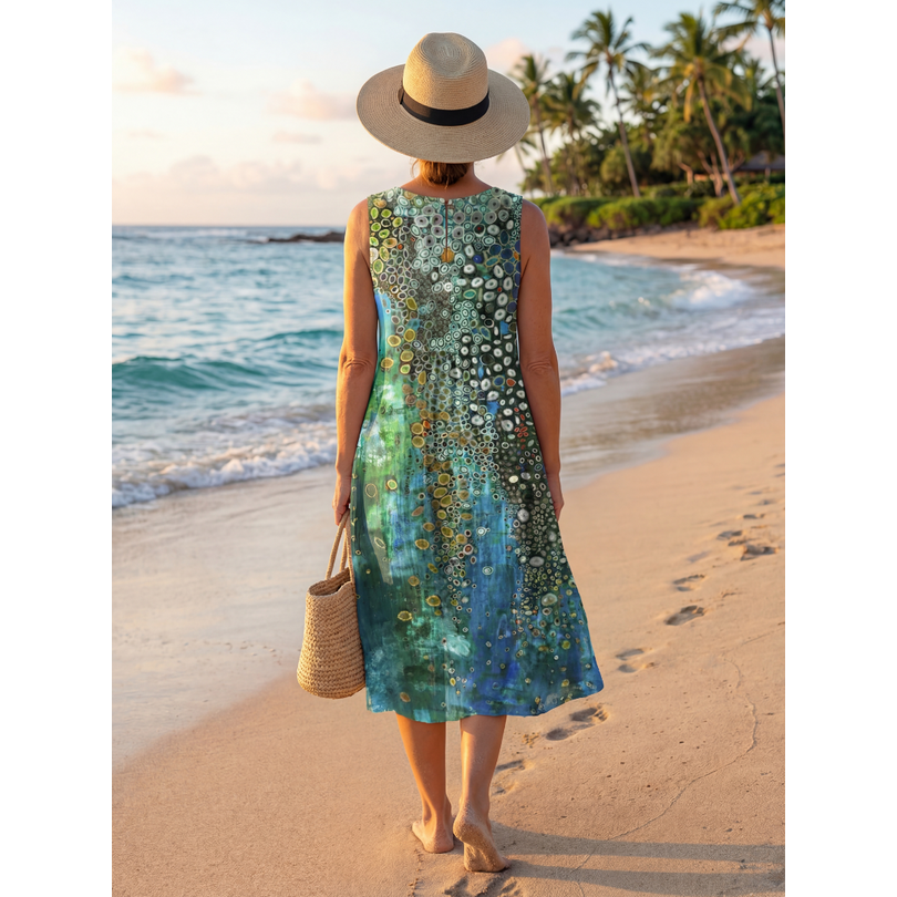 Women's Blue Green Abstract Print Midi Dress | Sleeveless Casual Dress - Image 5