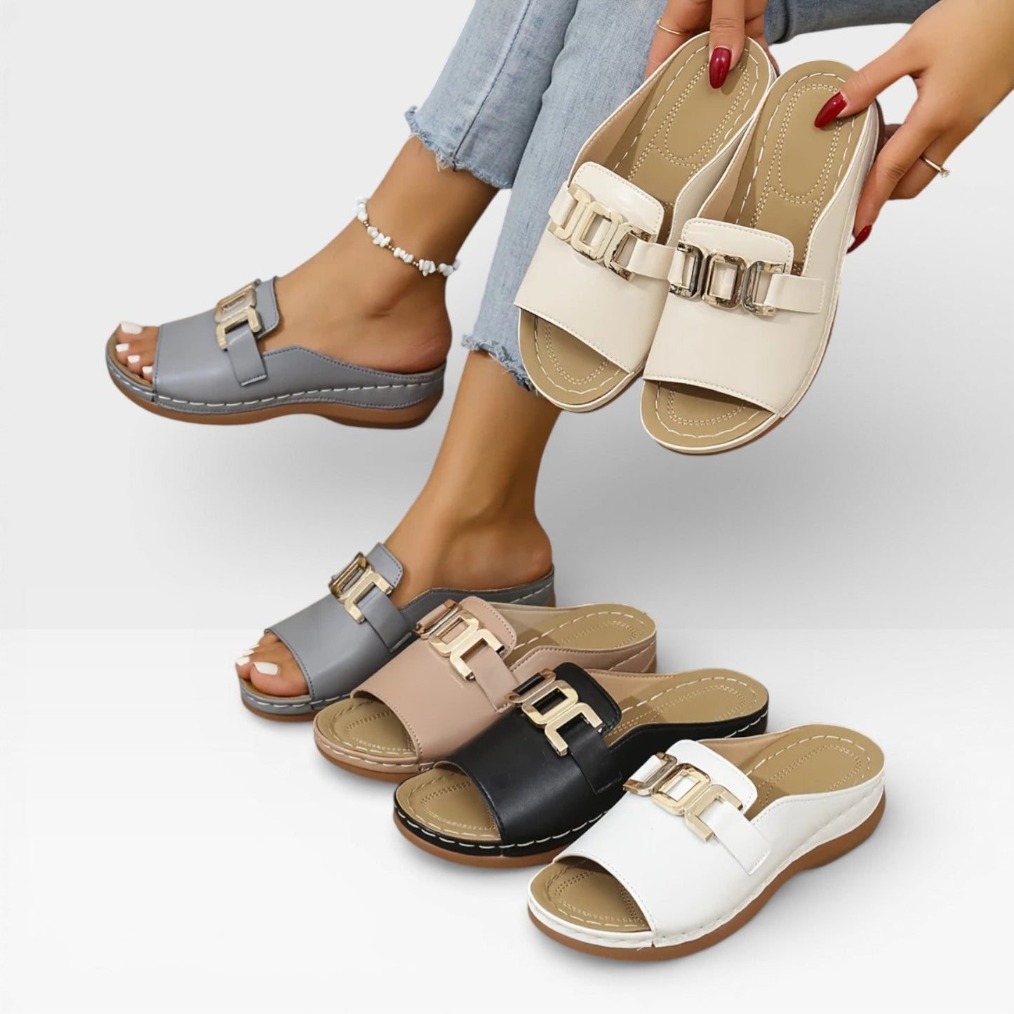 Women's Buckle Sandals White And Brown With Gold-tone Buckle - Image 13