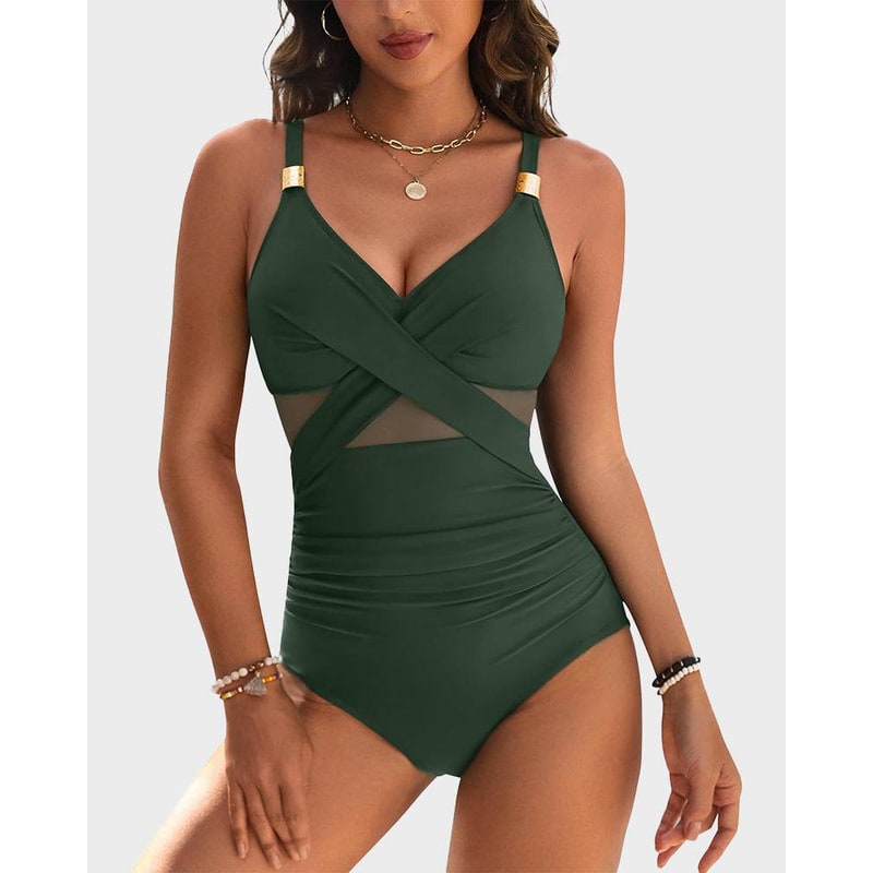 Women's Dark Green Criss-Cross One Piece Swimsuit | Adjustable Strap - Image 9