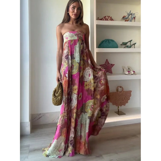 Women's Pink Floral Maxi Dress | Strapless Floor-Length - Image 2