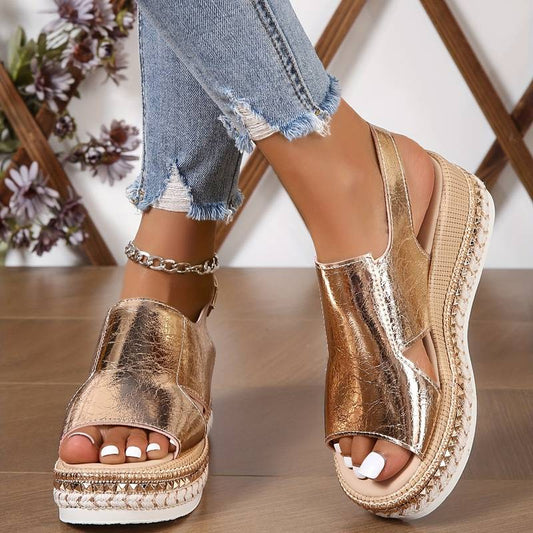 Women's Shiny Metallic Buckle Strap Wedge Sandals
