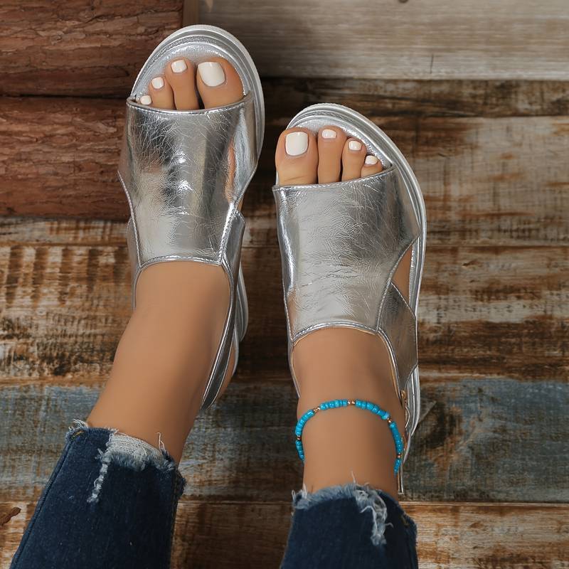 Women's Shiny Metallic Buckle Strap Wedge Sandals