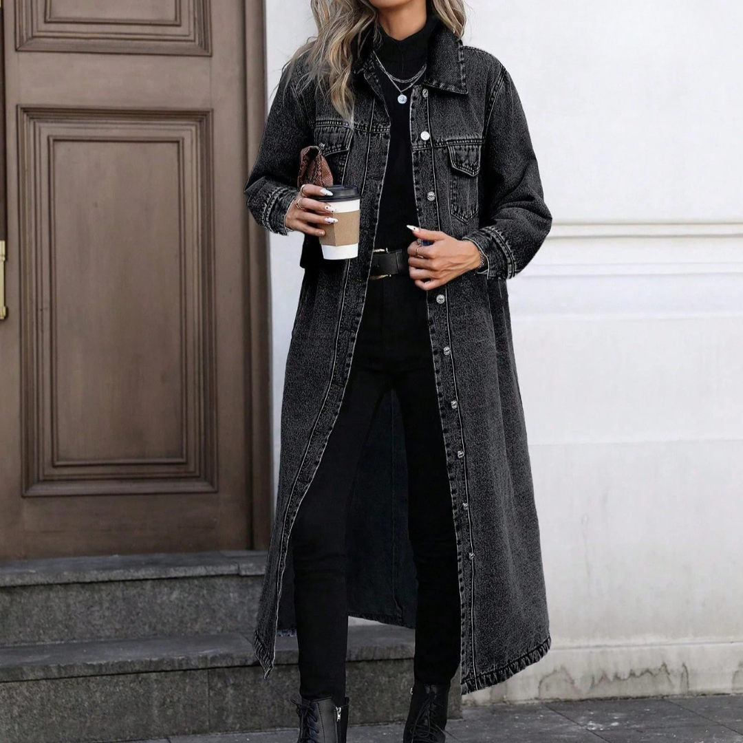 Long Denim Jacket with Relaxed Button-Front Fit