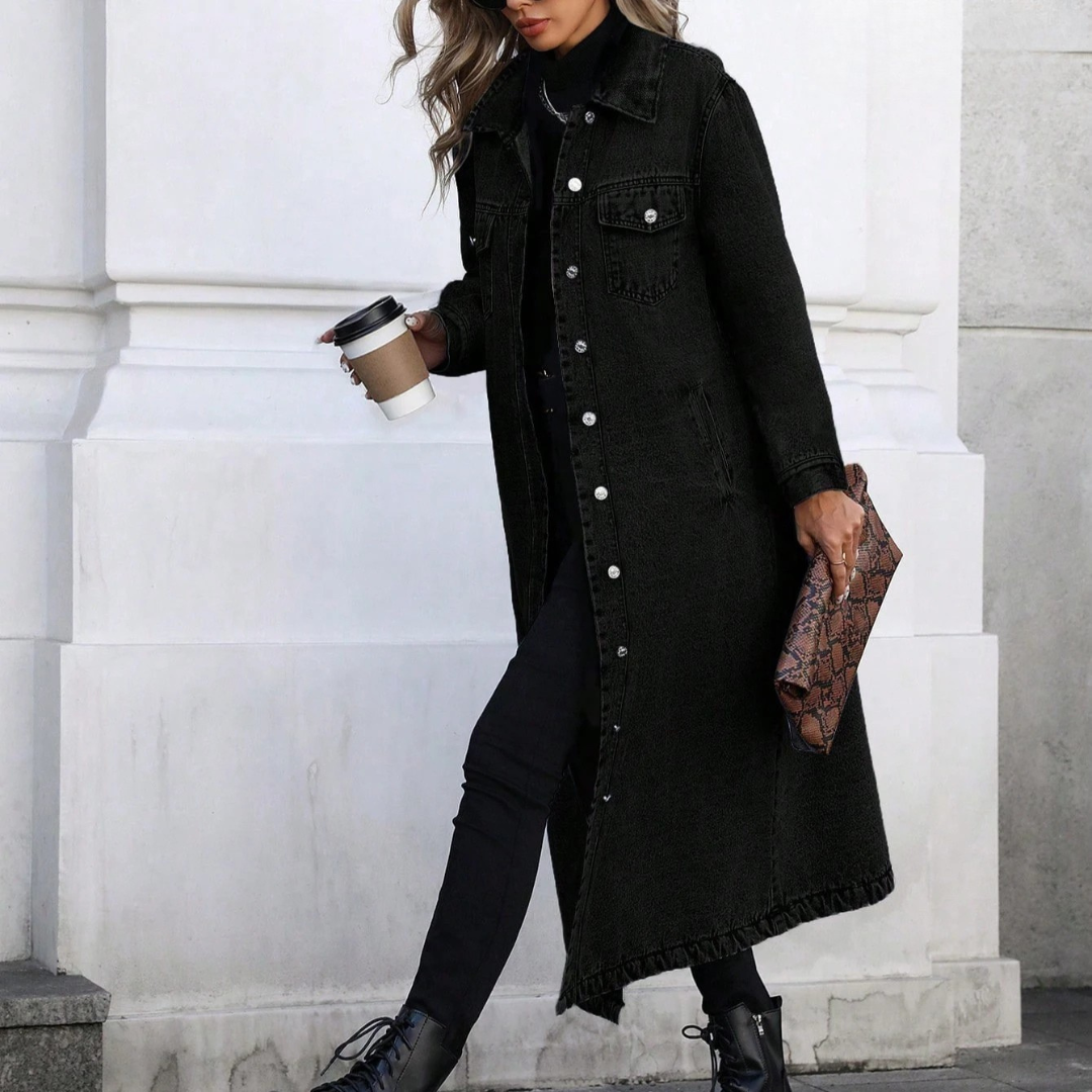 Long Denim Jacket with Relaxed Button-Front Fit