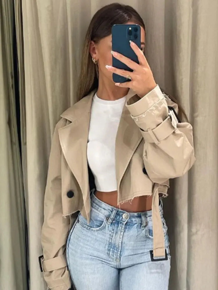 2024 Belt Cropped Trench Spring Jacket Women Vintage Streetwear Double Breasted Long Sleeve Top Female Coat Outfits 0