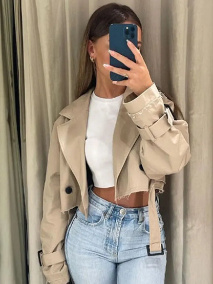 2024 Belt Cropped Trench Spring Jacket Women Vintage Streetwear Double Breasted Long Sleeve Top Female Coat Outfits 0