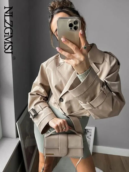 2024 Belt Cropped Trench Spring Jacket Women Vintage Streetwear Double Breasted Long Sleeve Top Female Coat Outfits 1