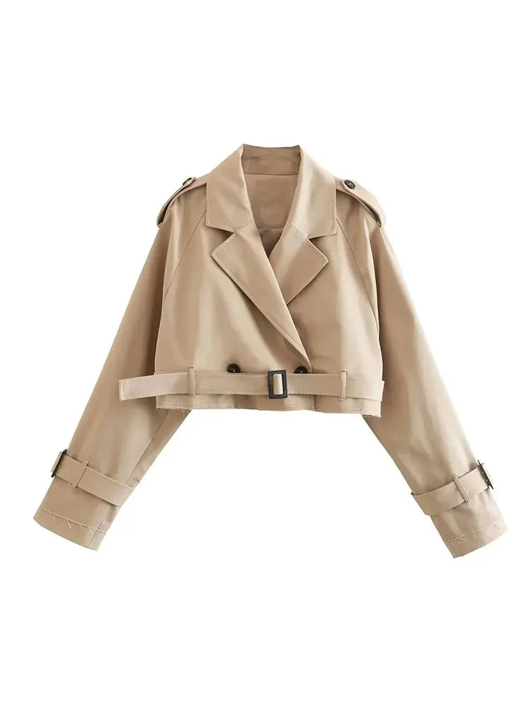 2024 Belt Cropped Trench Spring Jacket Women Vintage Streetwear Double Breasted Long Sleeve Top Female Coat Outfits 2