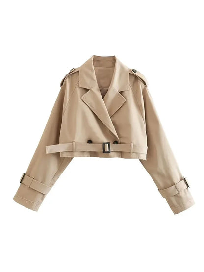 2024 Belt Cropped Trench Spring Jacket Women Vintage Streetwear Double Breasted Long Sleeve Top Female Coat Outfits 2