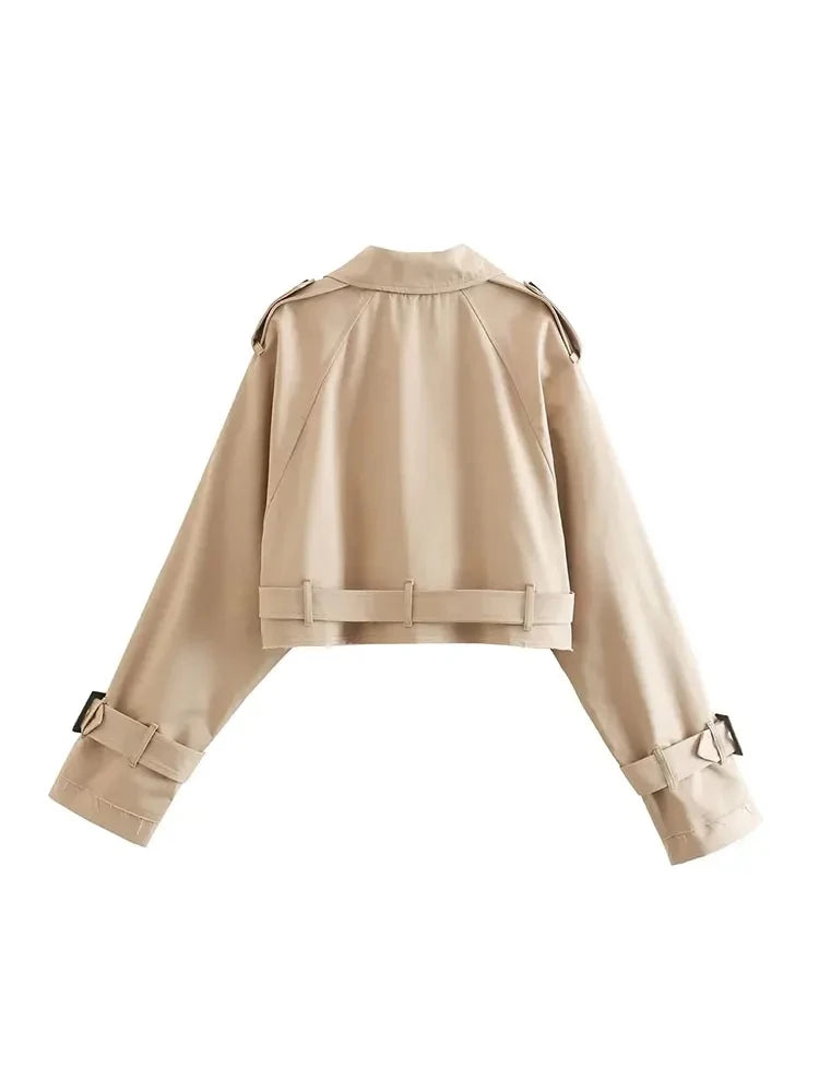 2024 Belt Cropped Trench Spring Jacket Women Vintage Streetwear Double Breasted Long Sleeve Top Female Coat Outfits 3