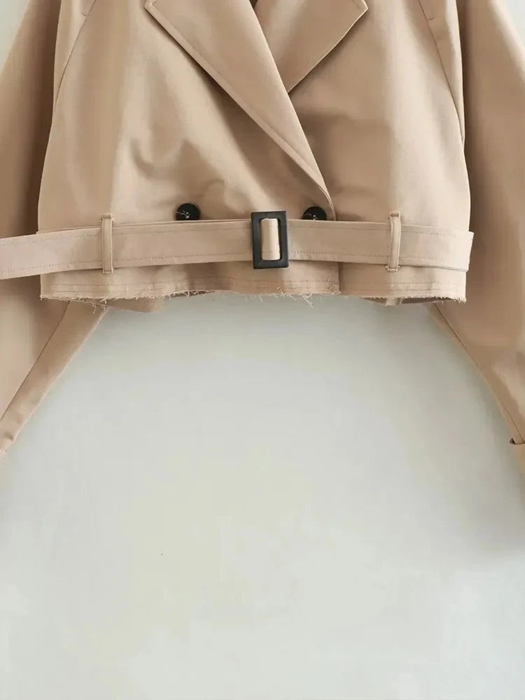 2024 Belt Cropped Trench Spring Jacket Women Vintage Streetwear Double Breasted Long Sleeve Top Female Coat Outfits 5