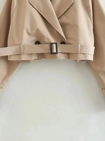 2024 Belt Cropped Trench Spring Jacket Women Vintage Streetwear Double Breasted Long Sleeve Top Female Coat Outfits 5