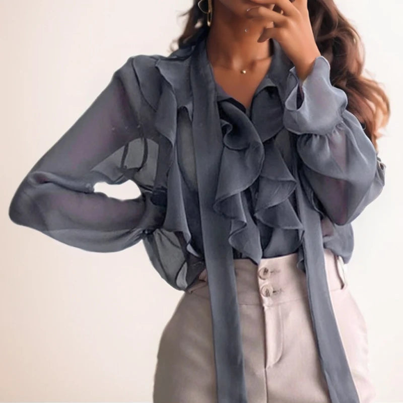 2024 Spring Chiffon Blouse Fashion Office Lady Tops Sweet Bow Shirt Women Casual Long Sleeve Female Clothing Blusas Mujer 13864 0