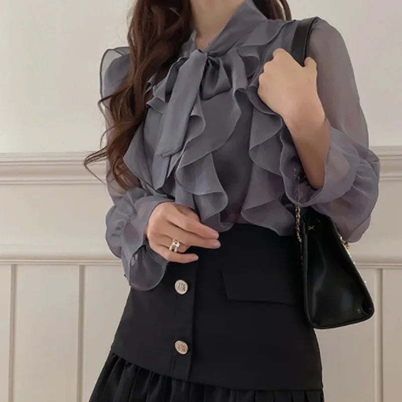 2024 Spring Chiffon Blouse Fashion Office Lady Tops Sweet Bow Shirt Women Casual Long Sleeve Female Clothing Blusas Mujer 13864 2