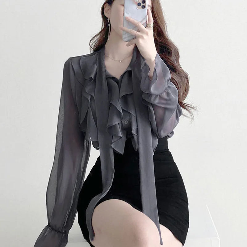 2024 Spring Chiffon Blouse Fashion Office Lady Tops Sweet Bow Shirt Women Casual Long Sleeve Female Clothing Blusas Mujer 13864 3