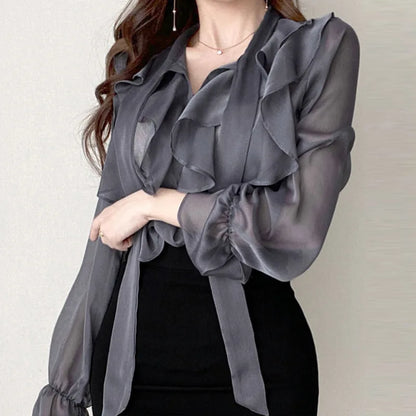 2024 Spring Chiffon Blouse Fashion Office Lady Tops Sweet Bow Shirt Women Casual Long Sleeve Female Clothing Blusas Mujer 13864 4