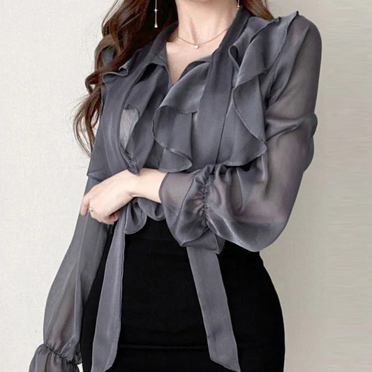 2024 Spring Chiffon Blouse Fashion Office Lady Tops Sweet Bow Shirt Women Casual Long Sleeve Female Clothing Blusas Mujer 13864 4