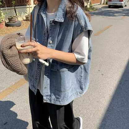 2024 Spring New Style Outer Weardenim Women's Loose-Fit Korean Version Student Workwear Sleeveless Casual Shoulder Vest Trendy 0