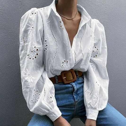 2025 Autumn New Solid Shirt Casual Loose Fashion Hollow Puff Sleeve Cardigan Tops For Women Office Black Hollow out Blouses 0
